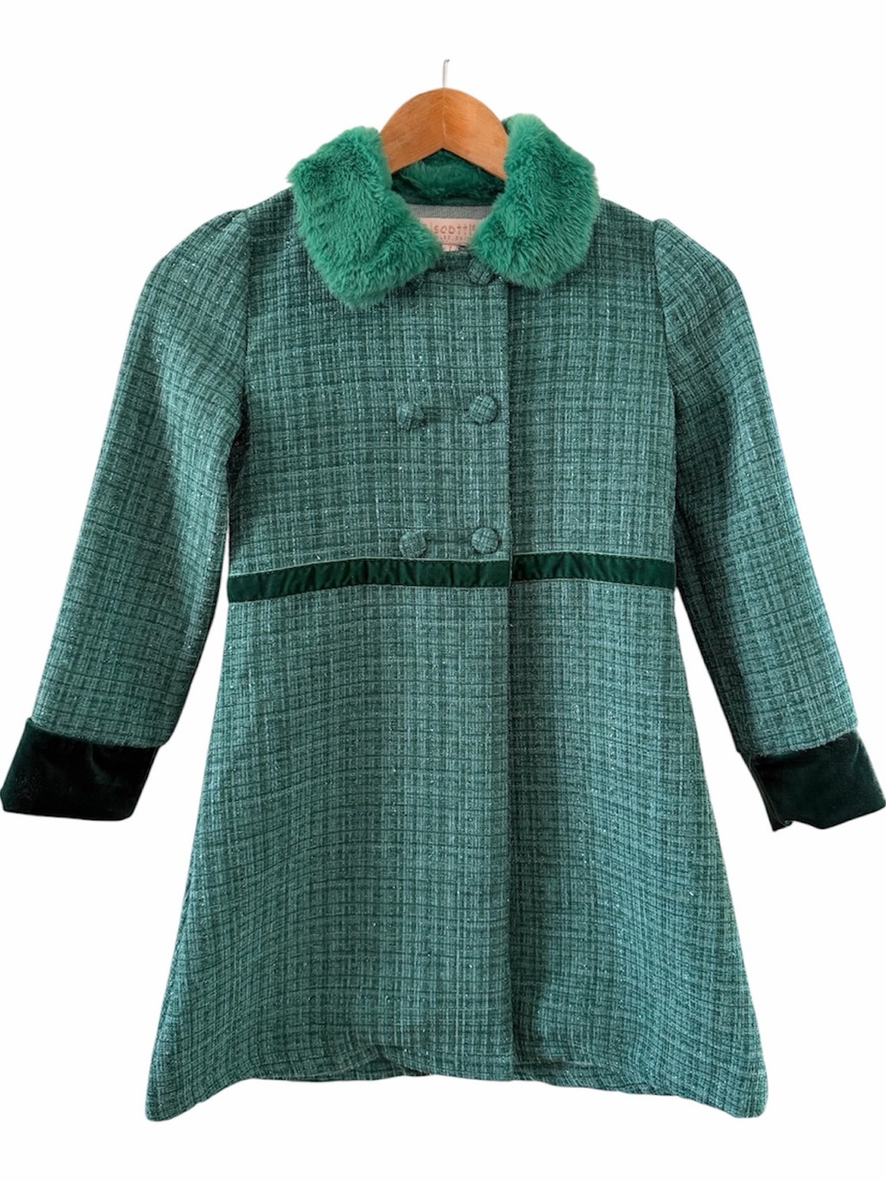 Biscotti Girls Green Tweed Coat with Faux Fur Collar size 7